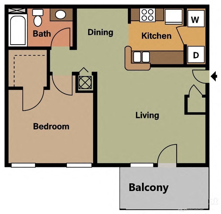 Floor plan for 1 bed, 1 bath, 864 sqft